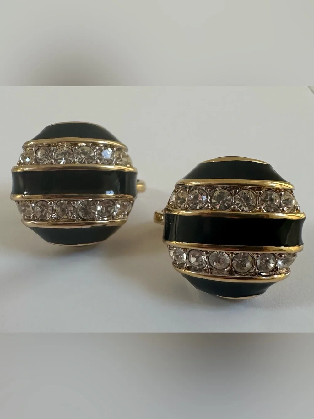 Nina Ricci Rhinestone Gold w/ Black Enamel Round Clip Pierced Earrings